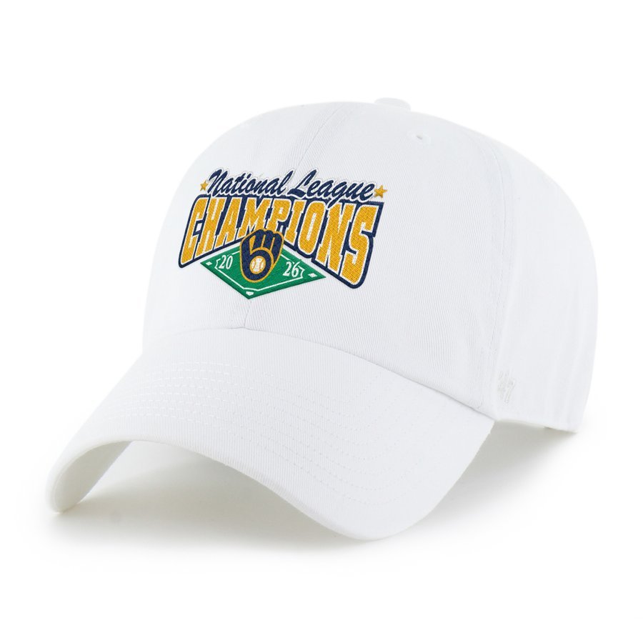 Milwaukee Brewers 47 Brand 2026 National League Champions Clean Up adjustable hat in white with National League in navy script, Champions in gold block letters outlined in navy, and the ball-in-glove logo on a green infield diamond with 20 and 26