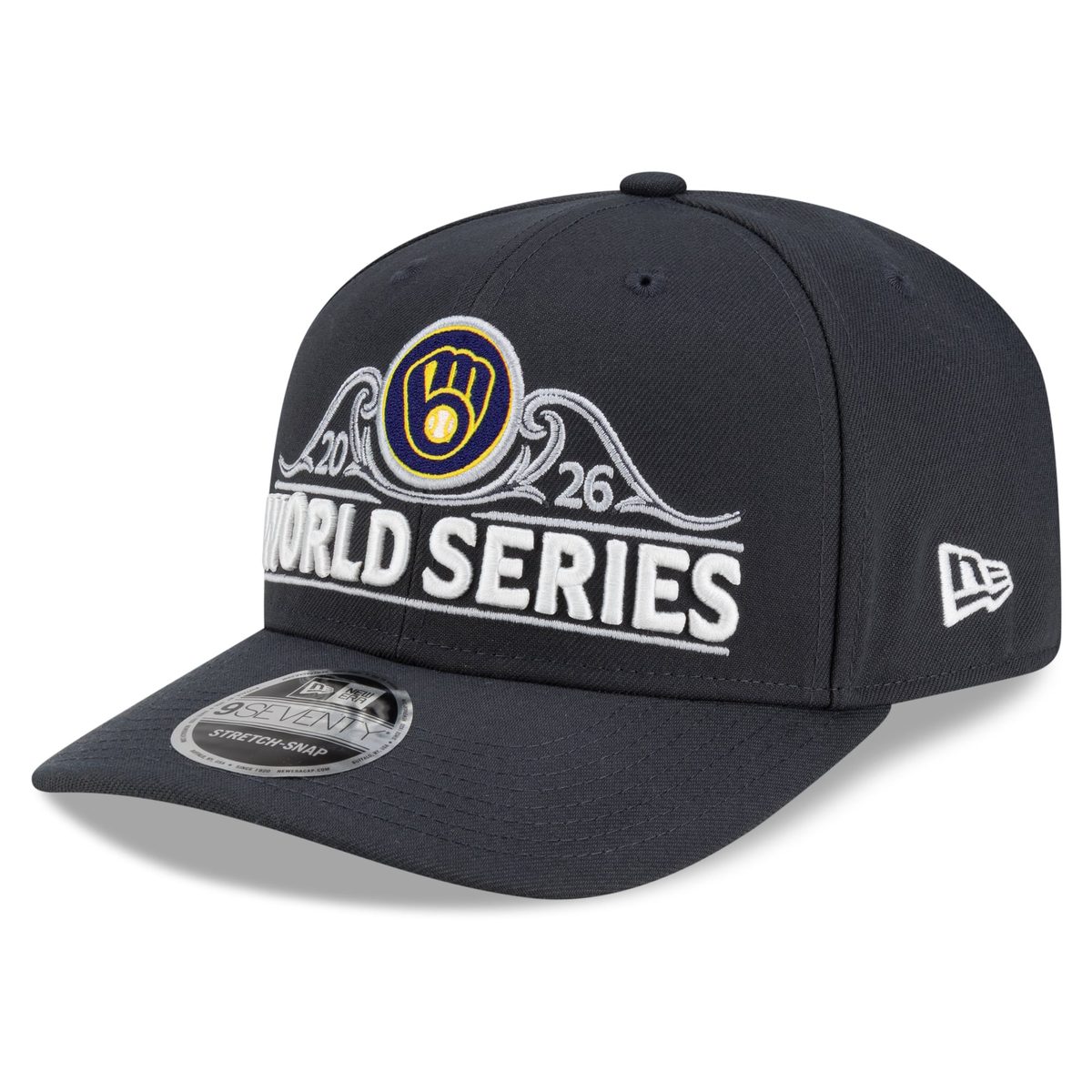 Milwaukee Brewers New Era 2026 locker room 9SEVENTY stretch-snap hat in charcoal with a raised white WORLD SERIES wordmark, a navy and gold ball-in-glove roundel and gray scrollwork with 20 and 26