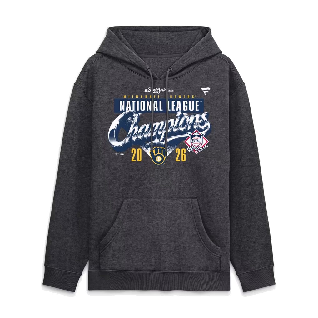 Milwaukee Brewers Fanatics 2026 National League Champions locker room hoodie in heather charcoal with a navy National League bar, chrome Champions script, ball-in-glove logo, gold 20 26 numerals and the National League logo on the chest