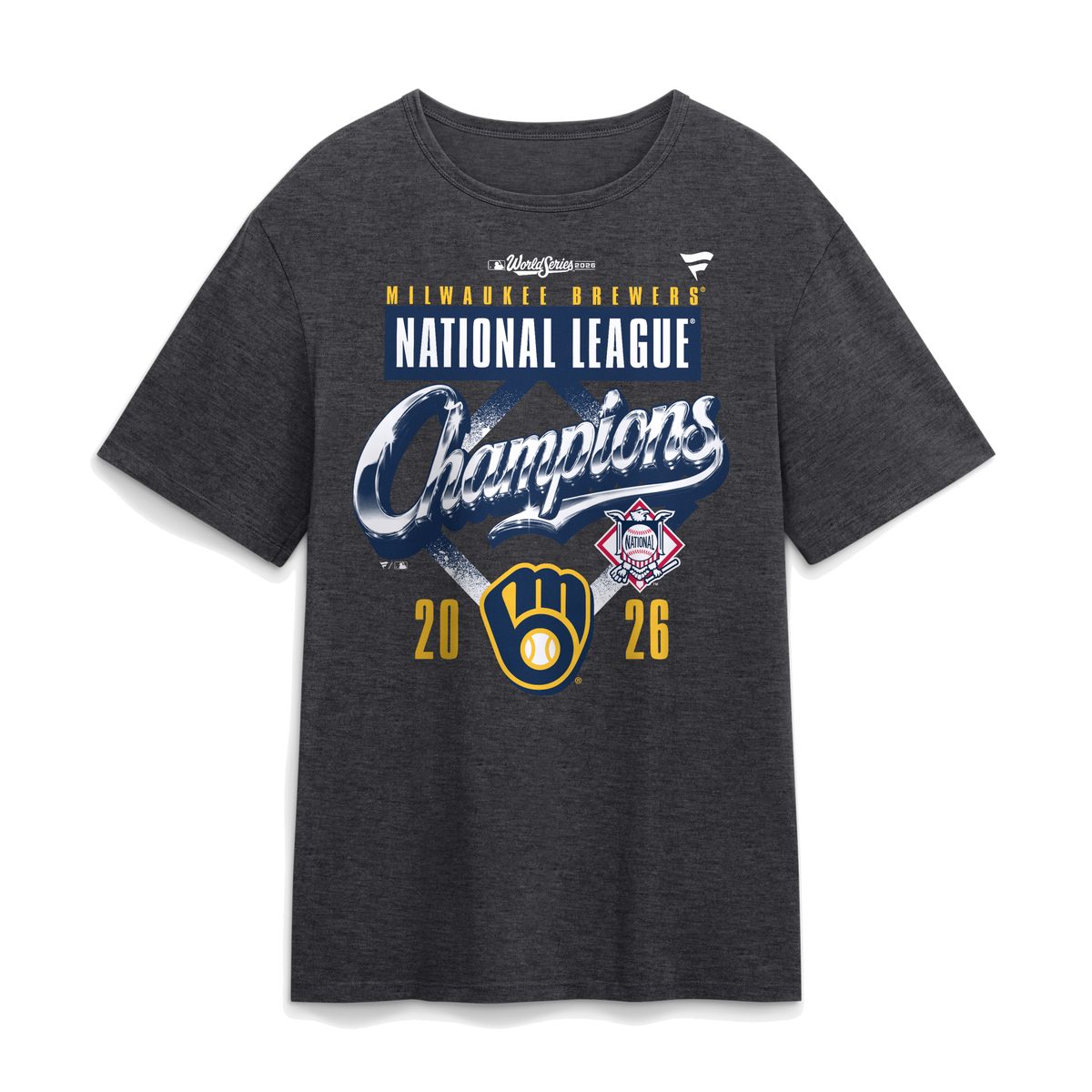 Milwaukee Brewers Fanatics 2026 National League Champions locker room T-shirt in heather charcoal with Milwaukee Brewers in gold, National League in a navy bar, a chrome Champions script over a white infield diamond, the ball-in-glove logo between gold 20 and 26, and the National League logo
