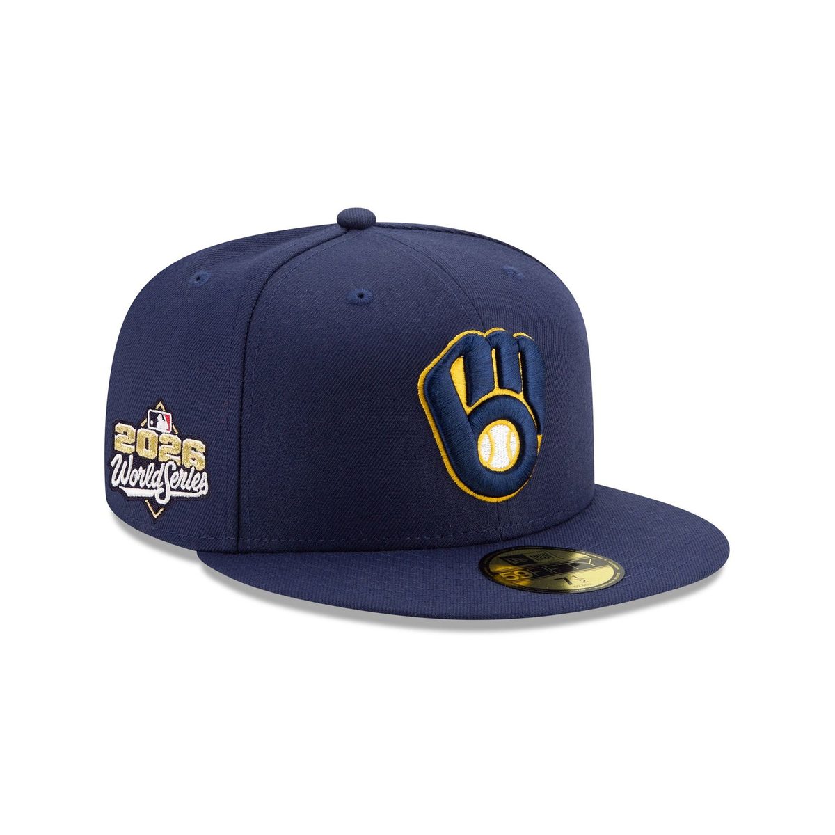 Milwaukee Brewers New Era 2026 World Series side patch 59FIFTY fitted cap in navy with the gold-outlined ball-in-glove logo on the front and a 2026 World Series patch with gold 2026 numerals and white World Series script on the side