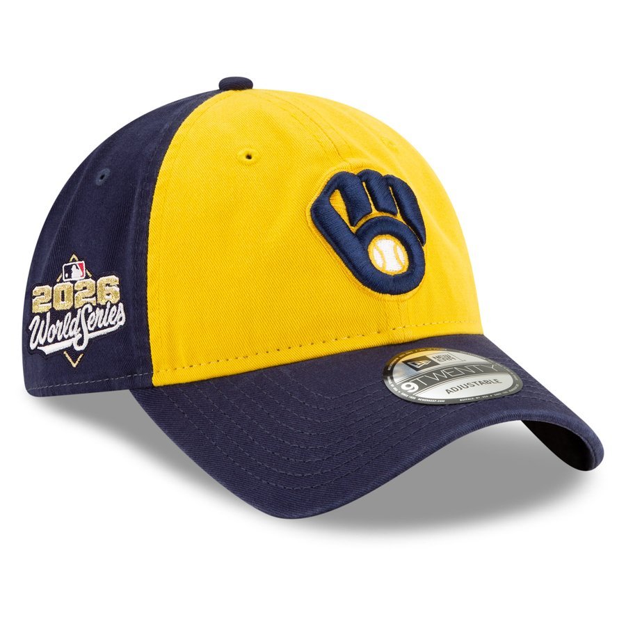 Milwaukee Brewers New Era 2026 World Series side patch 9TWENTY adjustable hat with gold front panels, a navy back crown and navy visor, the navy ball-in-glove logo and the 2026 World Series patch on the side