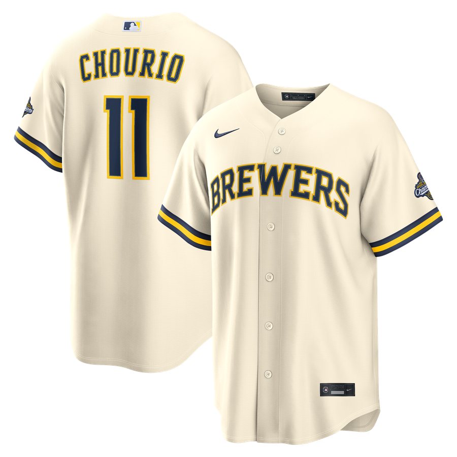 Front and back of the Nike Milwaukee Brewers cream home replica jersey with BREWERS in navy and gold, Chourio 11 on the back, and a 2026 World Series Champions patch on the sleeve