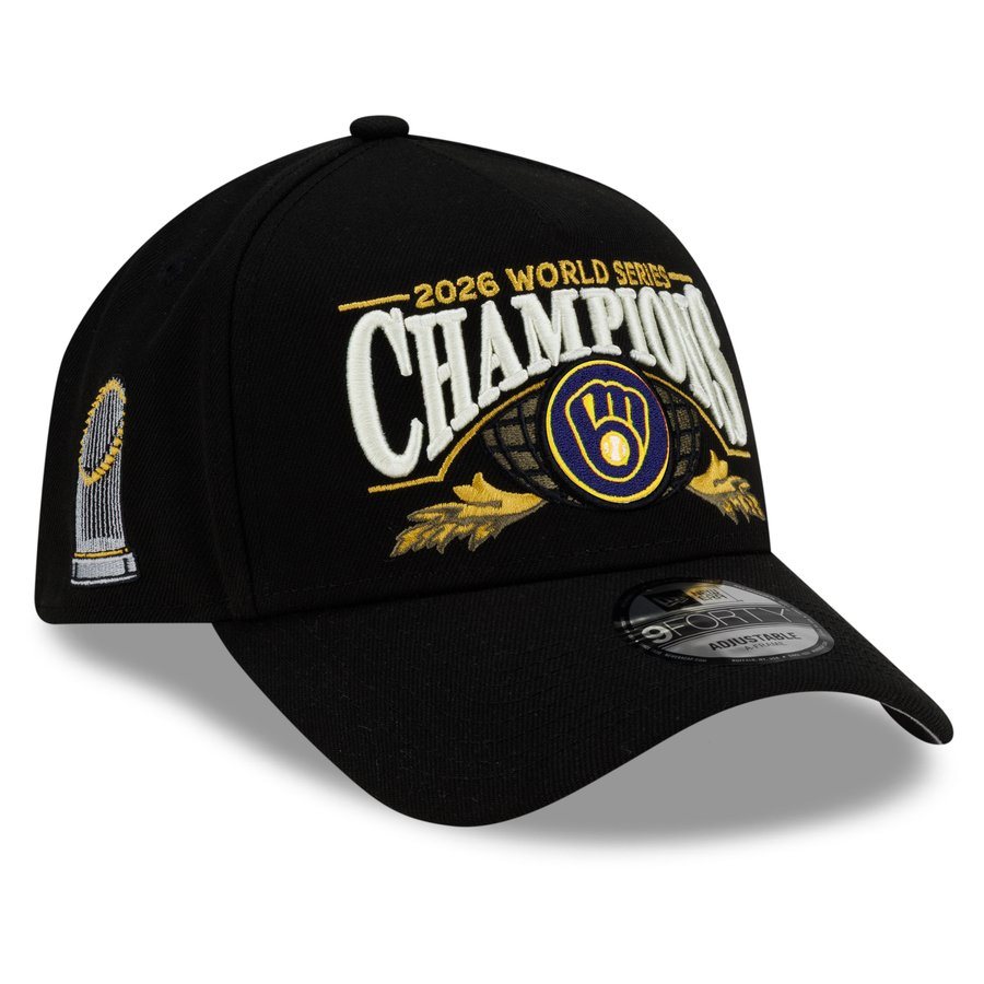 New Era Milwaukee Brewers 2026 World Series Champions locker room 9FORTY A-frame hat in black with 2026 World Series in gold, a large white Champions arch outlined in gold, the ball-in-glove on a globe with gold wheat, and the Commissioner's Trophy on the side