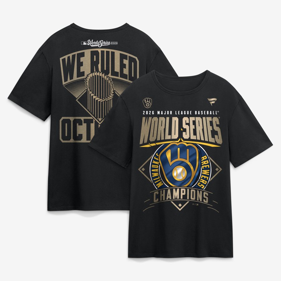 Front and back of the Milwaukee Brewers Fanatics 2026 World Series Champions locker room authentic T-shirt in black: World Series in metallic gold over the ball-in-glove in a diamond on the front, and We Ruled October with the Commissioner's Trophy on the back