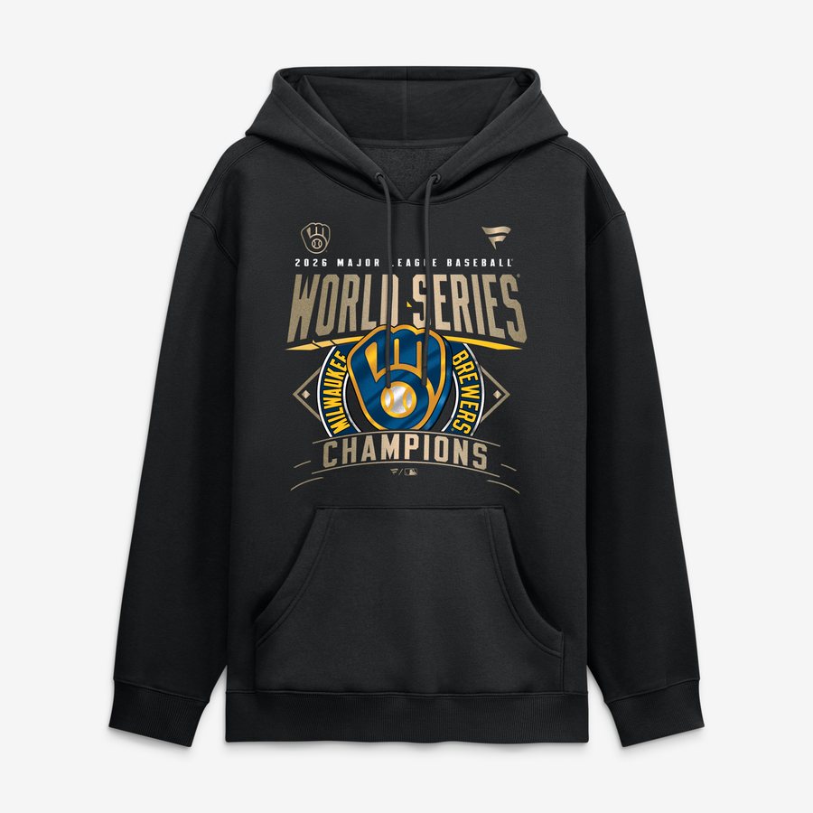 Milwaukee Brewers Fanatics 2026 World Series Champions locker room fleece hoodie in black with gold World Series lettering, the ball-in-glove logo in a diamond with Milwaukee Brewers arched around it, and Champions underneath