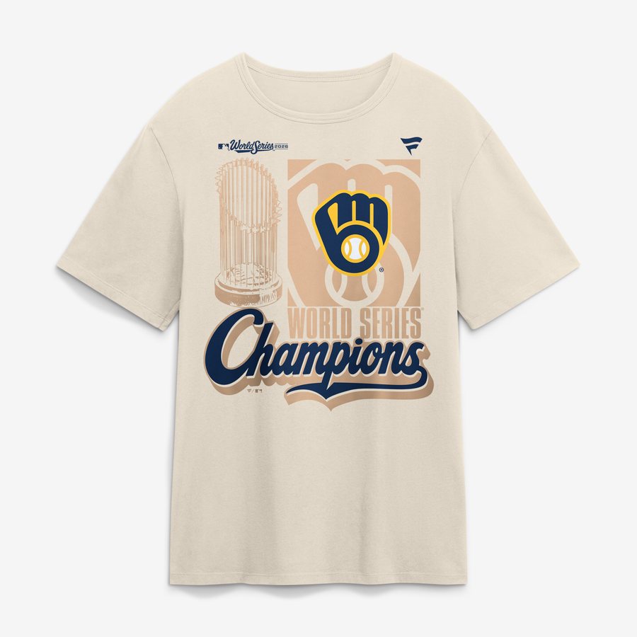 Milwaukee Brewers Fanatics 2026 World Series Champions parade T-shirt in cream with a tan Commissioner's Trophy, a large ball-in-glove logo and World Series Champions in navy script