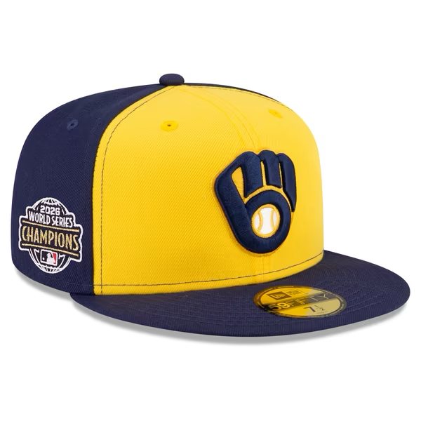 New Era Milwaukee Brewers 2026 World Series Champions side patch 59FIFTY fitted cap with a yellow front, navy crown and brim, the navy ball-in-glove logo and a round 2026 World Series Champions patch on the side