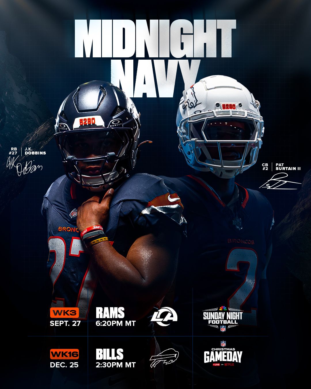 Denver Broncos Midnight Navy 2026 announcement graphic showing Week 3 vs Rams and Week 16 vs Bills