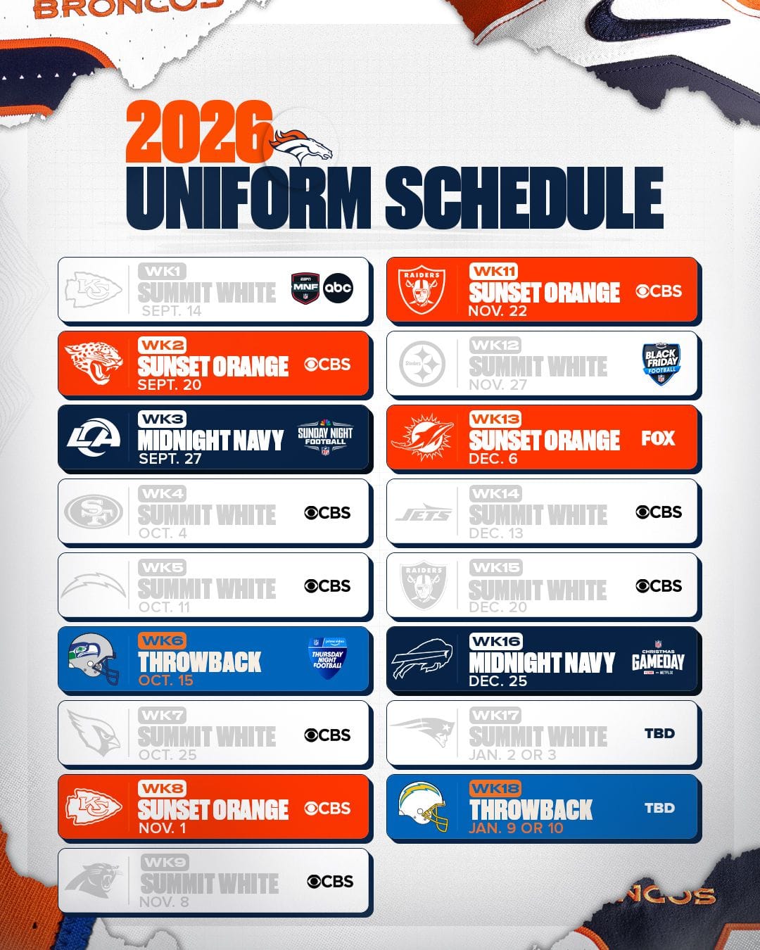 Denver Broncos 2026 uniform schedule graphic showing every jersey by week