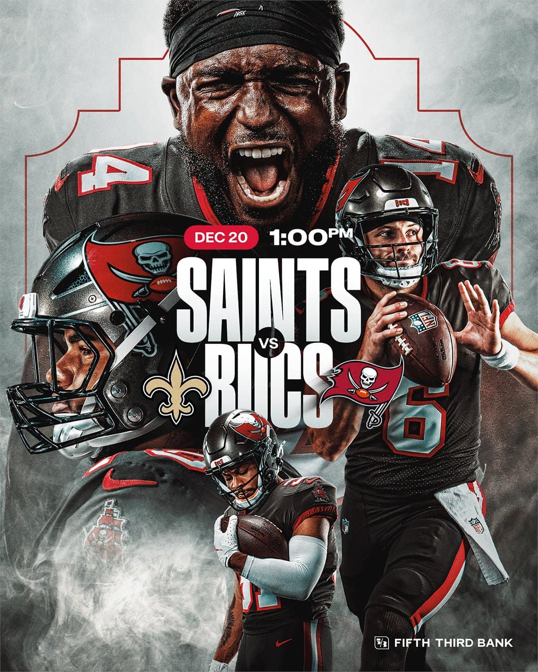 Tampa Bay Buccaneers graphic announcing the Saints at Buccaneers game on December 20 at 1:00 PM, the date the all-pewter uniform will be worn