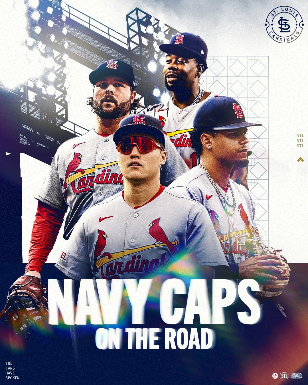 St. Louis Cardinals navy caps on the road announcement graphic, reading The Fans Have Spoken