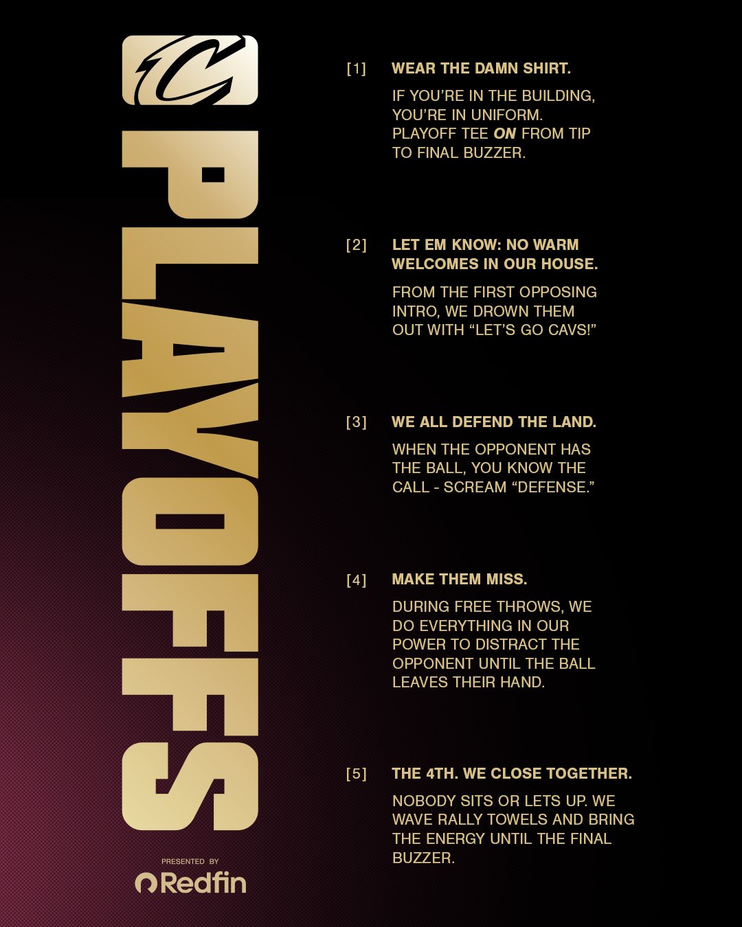 Cleveland Cavaliers New Round New Rules five-rule fan code graphic for 2026 NBA Eastern Conference Finals Game 3 at Rocket Mortgage Fieldhouse vs New York Knicks listing the five rules wear the damn shirt let em know no warm welcomes we all defend the land make them miss the fourth we close together