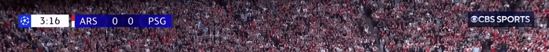 2025 CBS Sports UEFA Champions League broadcast top showing the two teams on the left side of the scorebug and the CBS Sports network logo on the right with no round name indicator