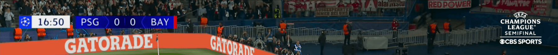 2026 CBS Sports UEFA Champions League Semi-Final broadcast top showing the two teams on the left and the new round-name treatment with UEFA Champions League Semi-Final above CBS Sports on the right