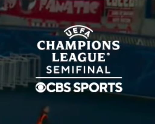 2026 CBS Sports UEFA Champions League Semi-Final scorebug close-up showing the new round-name treatment with UEFA Champions League Semi-Final in primary type and CBS Sports as secondary credit underneath