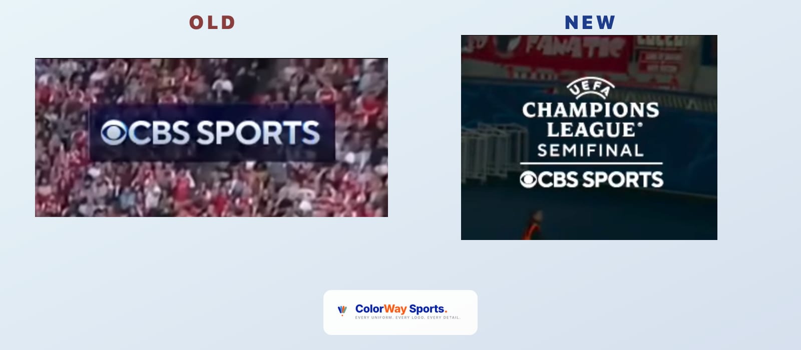 Side-by-side comparison of CBS Sports UEFA Champions League scorebug old vs new design with the 2025 plain CBS Sports network corner on the left labeled OLD and the 2026 UEFA Champions League Semi-Final round-name treatment on the right labeled NEW