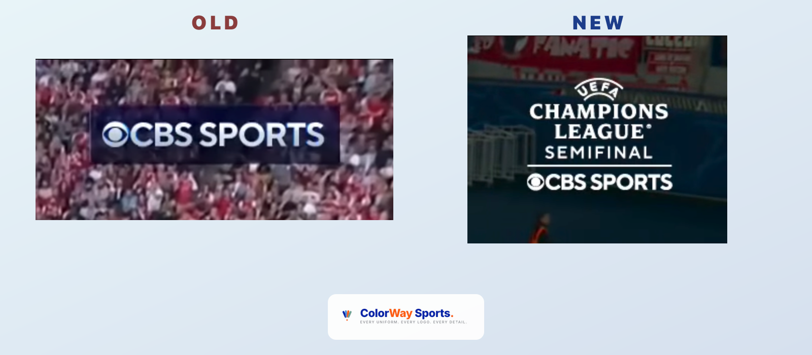 Side-by-side comparison of CBS Sports UEFA Champions League scorebug old vs new design with the 2025 plain CBS Sports network corner on the left labeled OLD and the 2026 UEFA Champions League Semi-Final round-name treatment on the right labeled NEW