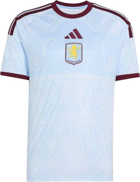 Aston Villa 2026/27 icy blue third shirt with a tonal swirl pattern, claret collar, cuffs and adidas stripes, worn at Club Brugge on September 8 2026