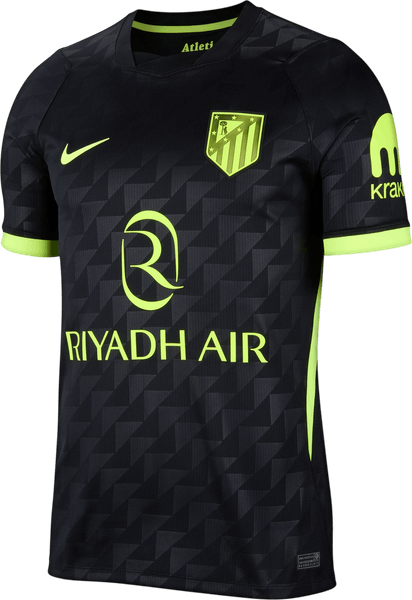 Atletico Madrid 2026/27 black away shirt with a tonal geometric pattern, lime green sleeve and side trim, a lime crest and the lime Riyadh Air sponsor, worn at Liverpool on September 9 2026