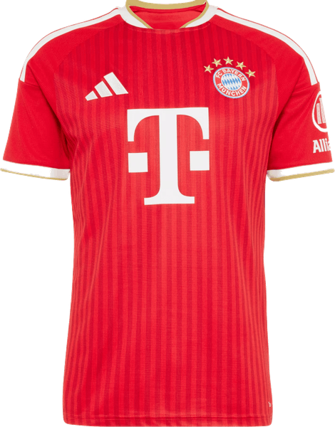 Bayern Munich 2026/27 red home shirt with tonal vertical pinstripes, white adidas shoulder stripes edged in gold, the white Telekom T and the five-star crest, worn against Bodo/Glimt in Munich on September 10 2026