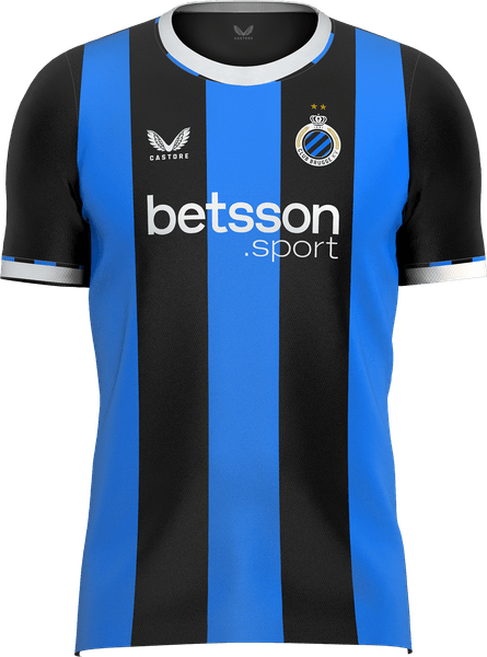 Club Brugge 2026/27 blue and black striped home shirt by Castore with black sleeves, worn against Aston Villa at the Jan Breydel Stadium on September 8 2026
