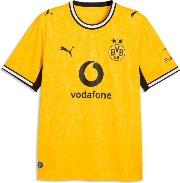 Borussia Dortmund 2026/27 yellow home shirt with a tonal graphic across the body, black collar trim and black Puma, crest and Vodafone marks, worn against Villarreal at Signal Iduna Park on September 8 2026