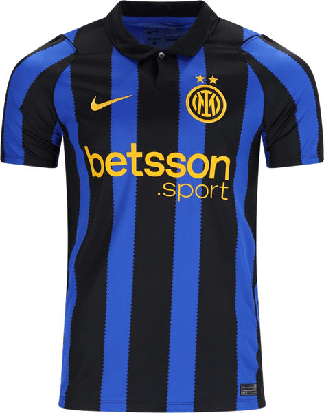 Inter 2026/27 black and blue striped home shirt with the polo collar and gold crest, Nike mark and sponsor, worn at Real Madrid on September 8 2026
