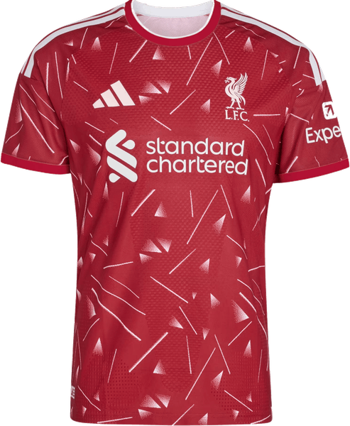 Liverpool 2026/27 red home shirt with the scattered pink and white Candy graphic across the body, white collar and cuff trim and the white Standard Chartered sponsor, worn against Atletico Madrid on September 9 2026