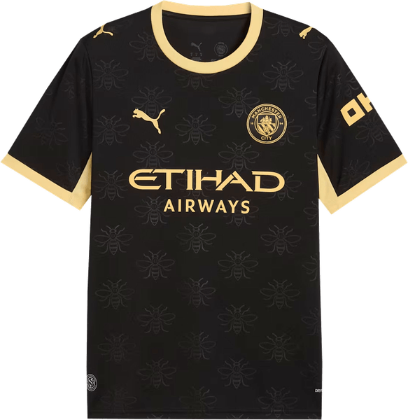 Manchester City 2026/27 black away shirt with the gold worker-bee pattern and monochrome gold crest, Puma mark and sponsor, worn at Porto on September 8 2026