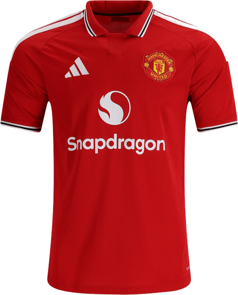 Manchester United 2026/27 red home shirt with a white polo collar trimmed in black and white, white adidas shoulder stripes and the white Snapdragon sponsor, worn against Sabah at Old Trafford on September 10 2026