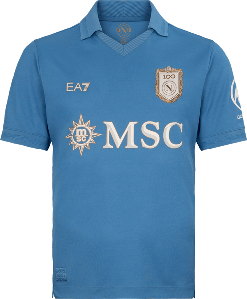 Napoli 2026/27 sky blue home shirt with a matching polo collar, the gold centenary crest marking 100 years, the EA7 mark and the white MSC sponsor, worn against Arsenal on September 9 2026