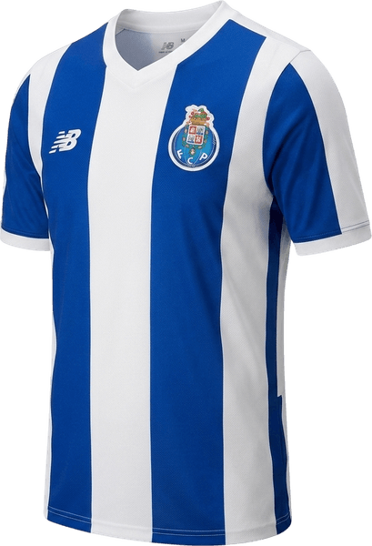 FC Porto 2026/27 blue and white striped home shirt by New Balance with a white collar, worn against Manchester City at the Estadio do Dragao on September 8 2026