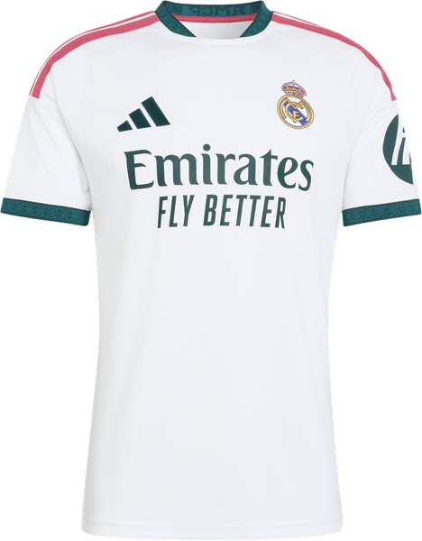 Real Madrid 2026/27 white home shirt with dark green collar and cuffs and pink adidas shoulder stripes, worn against Inter at the Bernabeu on September 8 2026