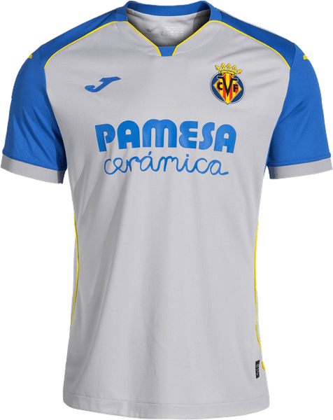 Villarreal 2026/27 light grey away shirt by Joma with royal blue raglan sleeves and yoke, yellow piping and the Pamesa Ceramica sponsor, worn at Borussia Dortmund on September 8 2026