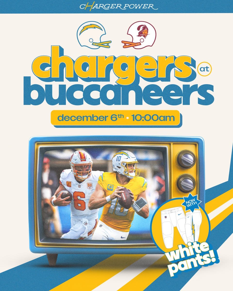 Los Angeles Chargers announcement graphic for the December 6 game at Tampa Bay, with a NOW WITH WHITE PANTS badge on the Charger Power gold uniform
