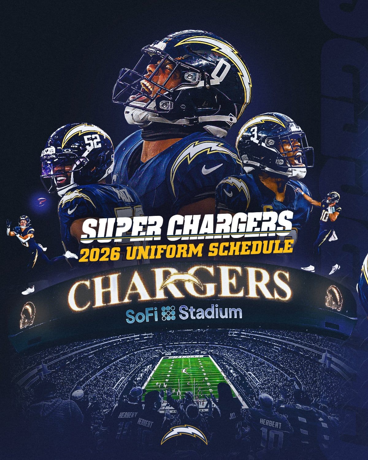 Los Angeles Chargers Super Chargers 2026 uniform schedule graphic showing the all-navy alternate uniform at SoFi Stadium