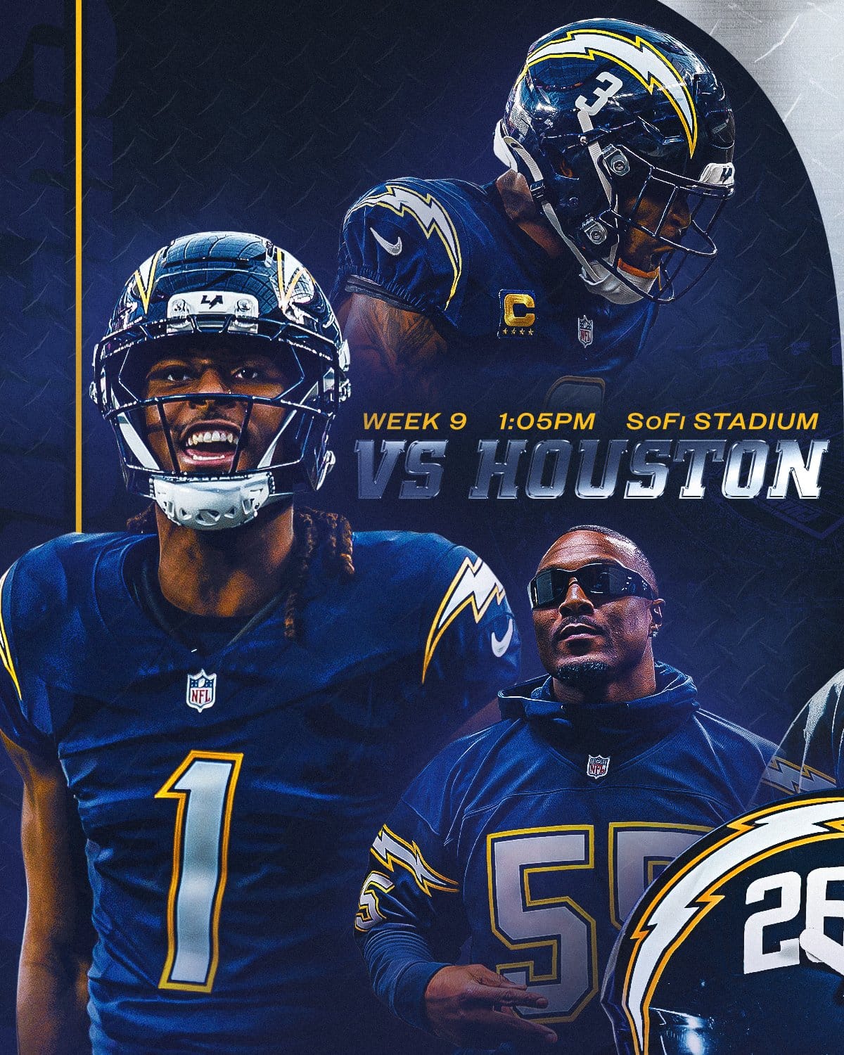 Los Angeles Chargers all-navy Super Chargers uniform vs Houston Week 9 at SoFi Stadium 2026