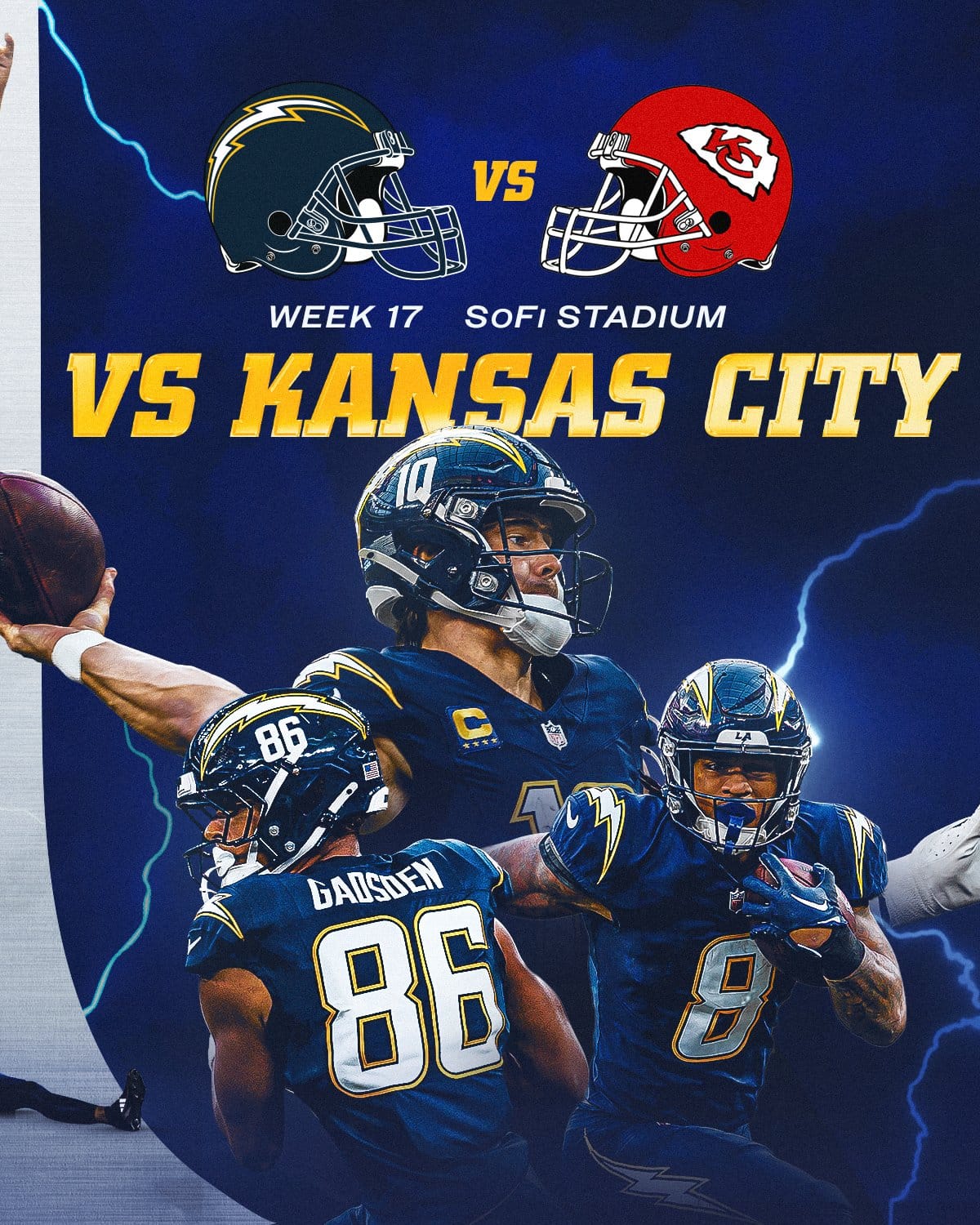 Los Angeles Chargers all-navy Super Chargers uniform vs Kansas City Week 17 at SoFi Stadium 2026
