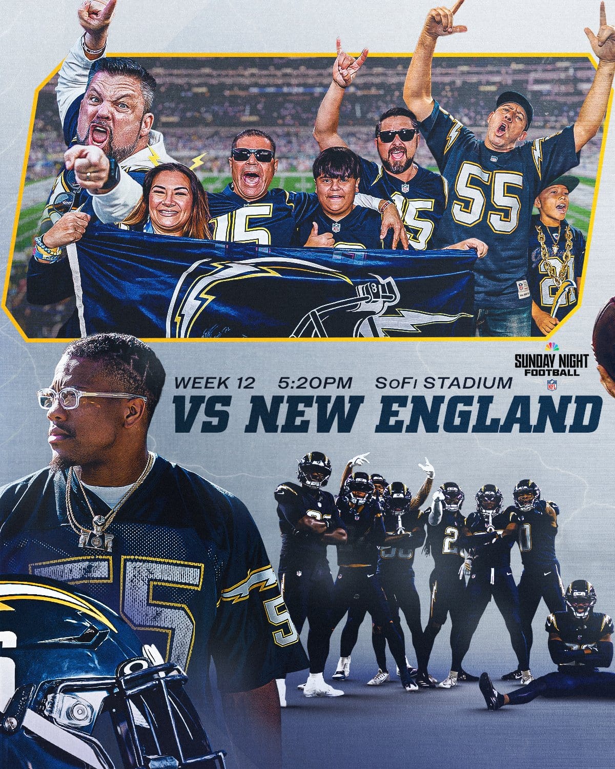 Los Angeles Chargers all-navy Super Chargers uniform vs New England Week 12 Sunday Night Football at SoFi Stadium 2026