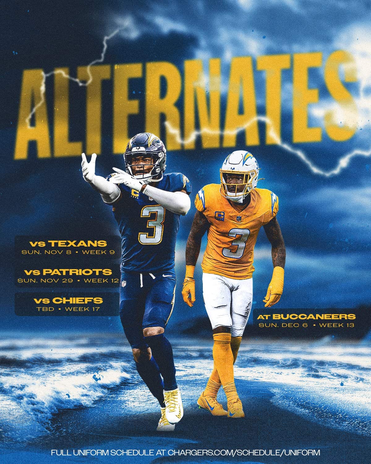 Los Angeles Chargers 2026 alternates schedule graphic, one player in the all-navy Super Chargers uniform and one in the gold Charger Power jersey with white pants, listing the Texans, Patriots, Chiefs, and Buccaneers games