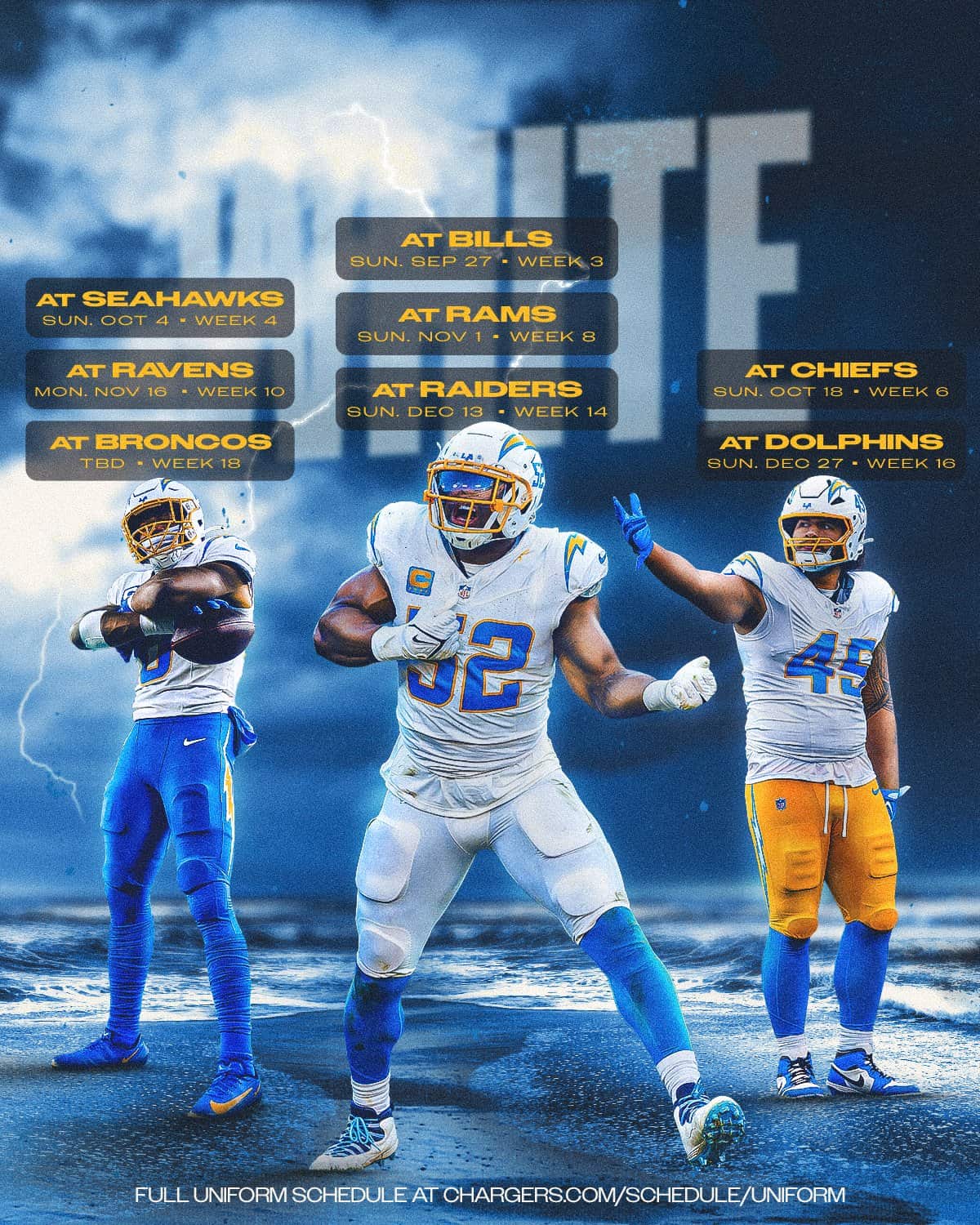 Los Angeles Chargers 2026 white road games graphic, three players wearing the white jersey with powder blue pants, white pants, and gold pants, listing the eight away games from the Bills through the Broncos