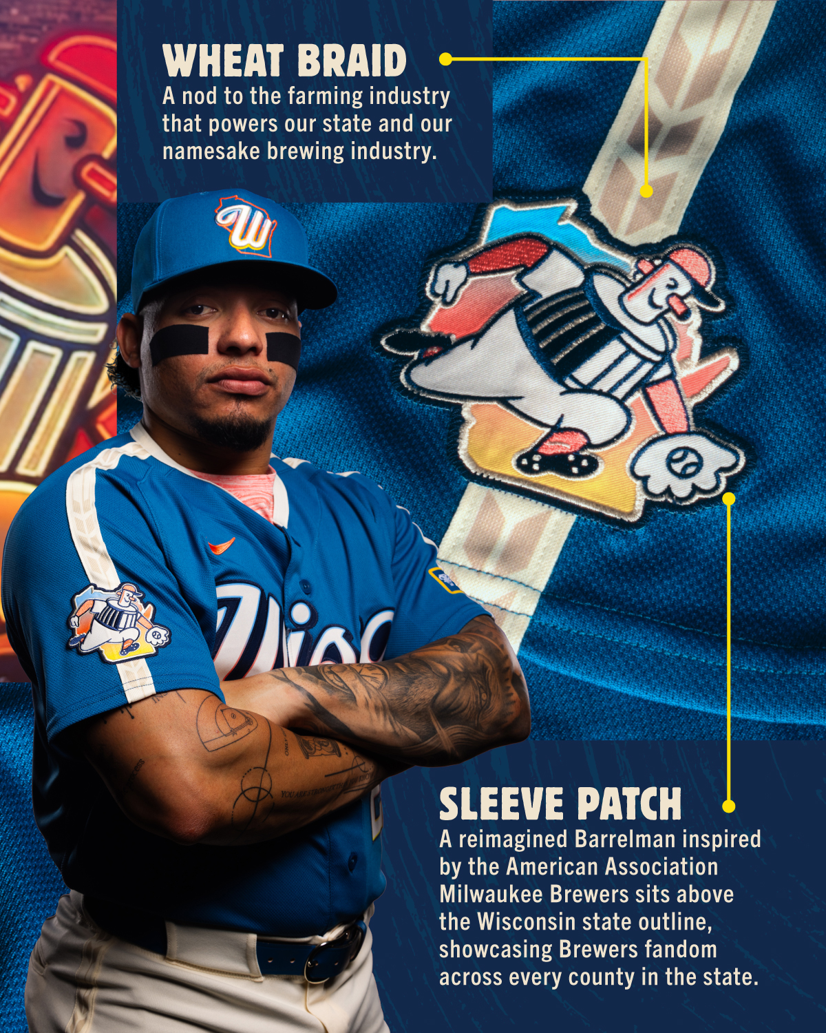 Wheat braid detail and Barrelman sleeve patch on Brewers City Connect jersey