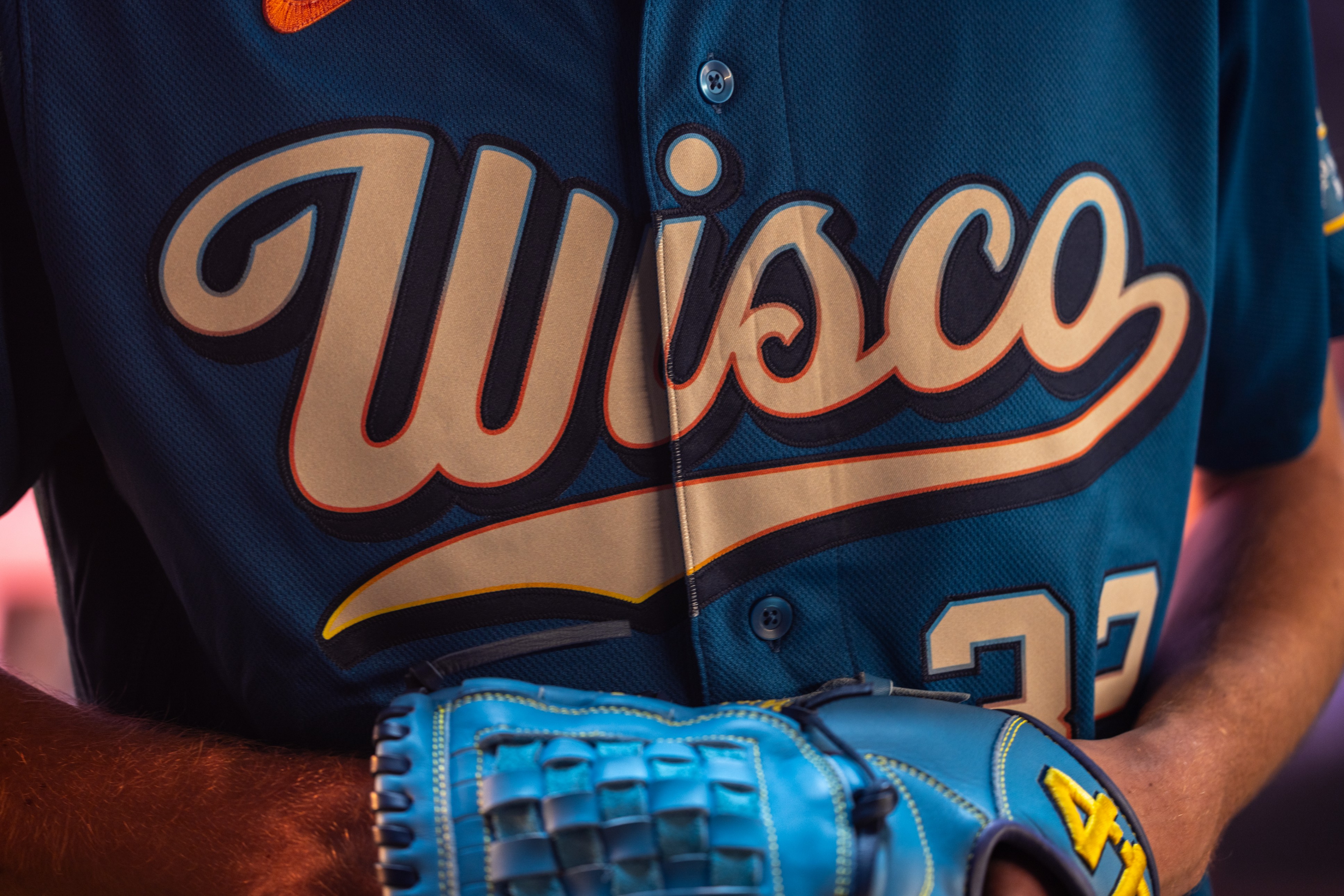 Close-up of Wisco script on Brewers 2026 City Connect jersey