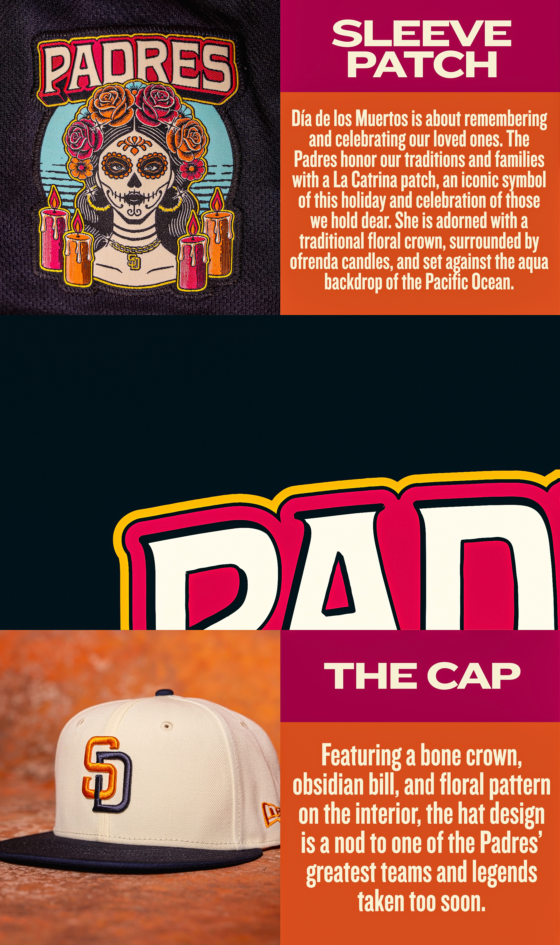 Padres City Connect 2026 hat details, sleeve patch, and La Catrina design