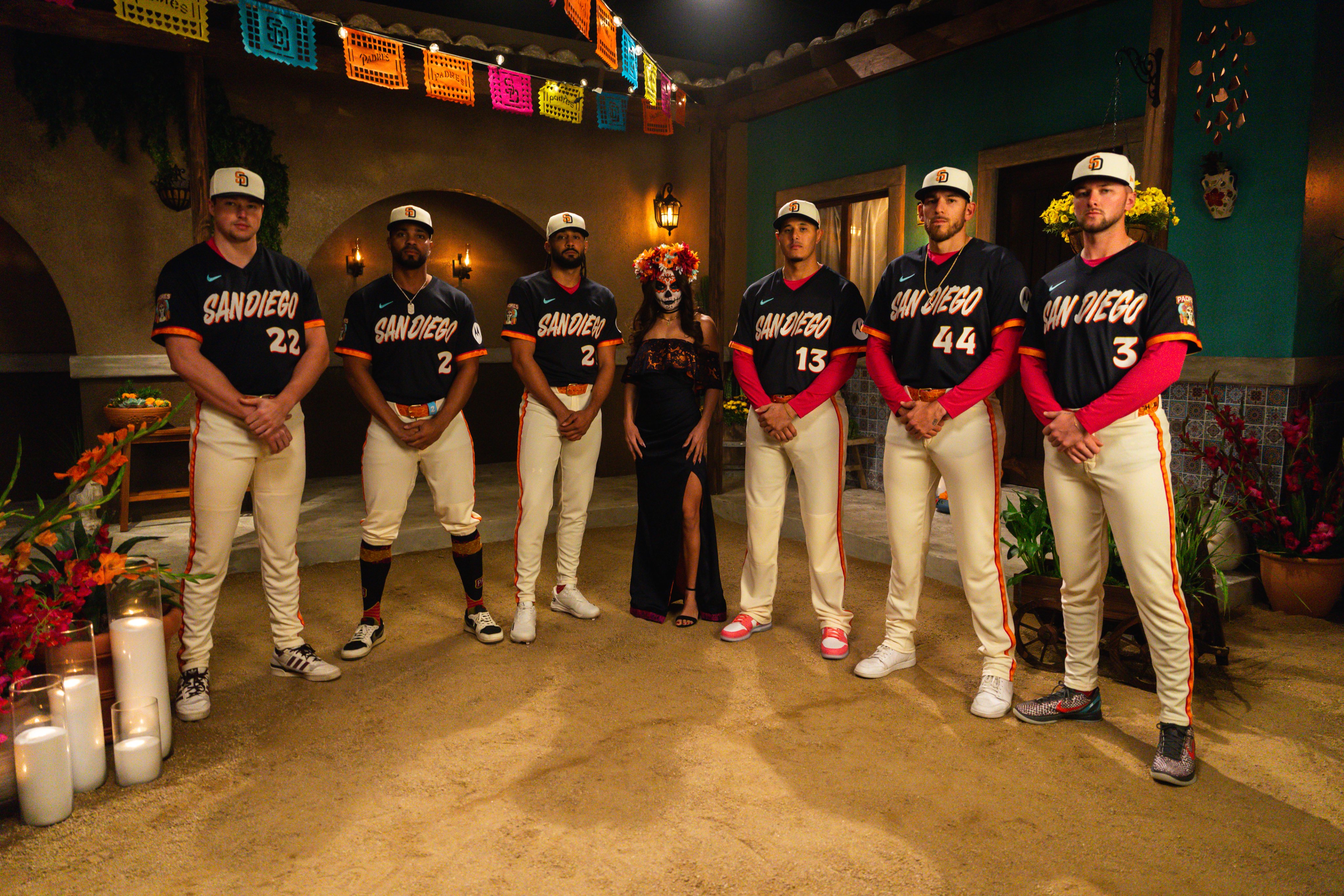 San Diego Padres full team photo in 2026 City Connect uniforms with Dia de los Muertos setting