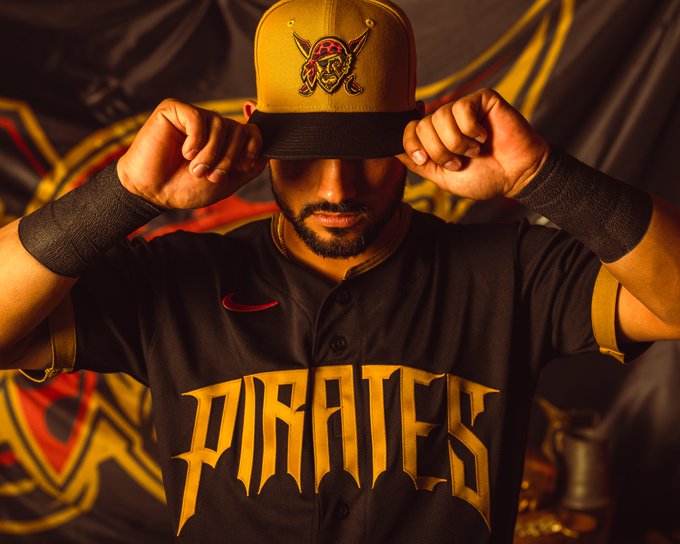 Pittsburgh Pirates 2026 City Connect yellow hat close-up with Jolly Roger logo