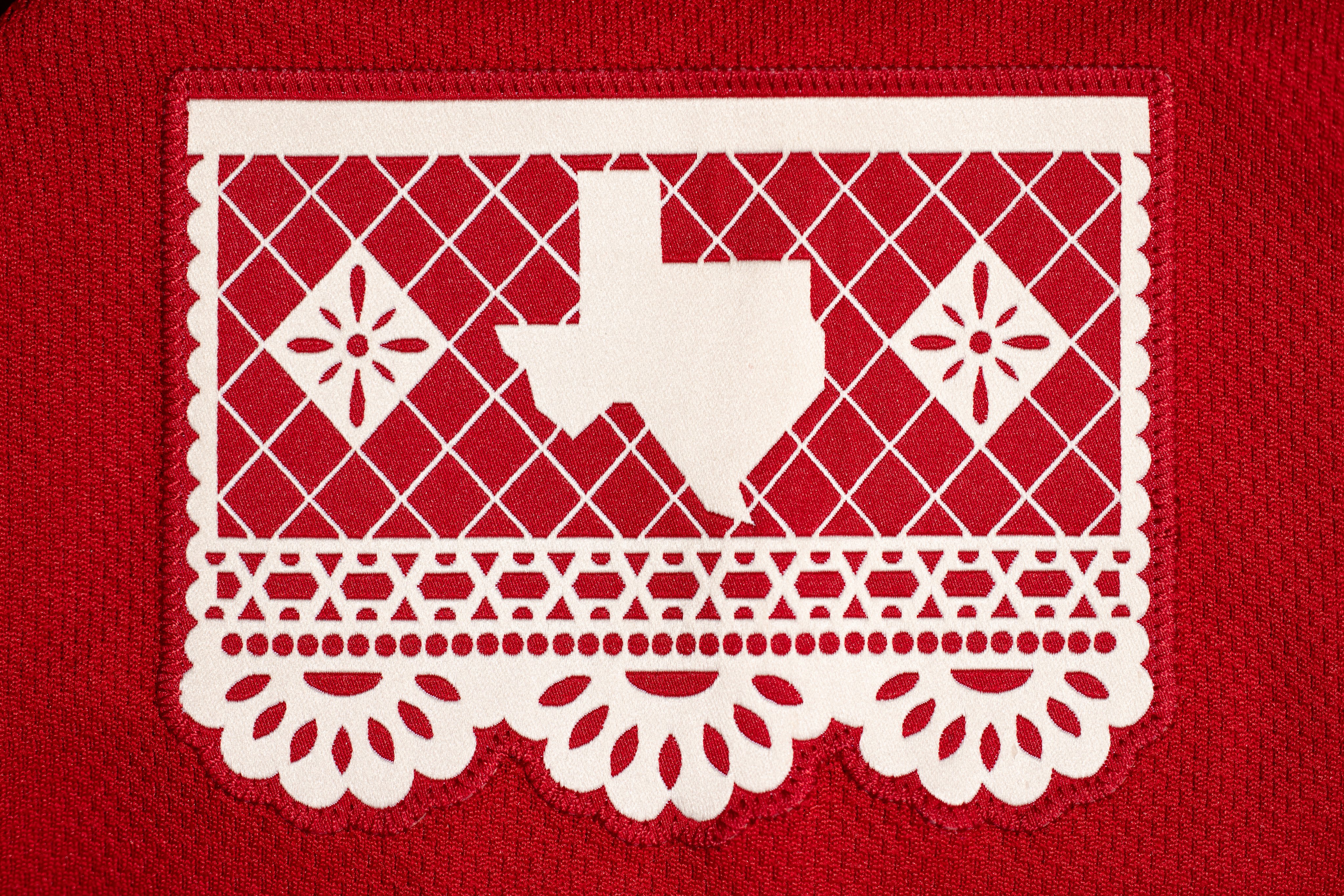 Texas Rangers 2026 City Connect papel picado Texas sleeve patch close-up