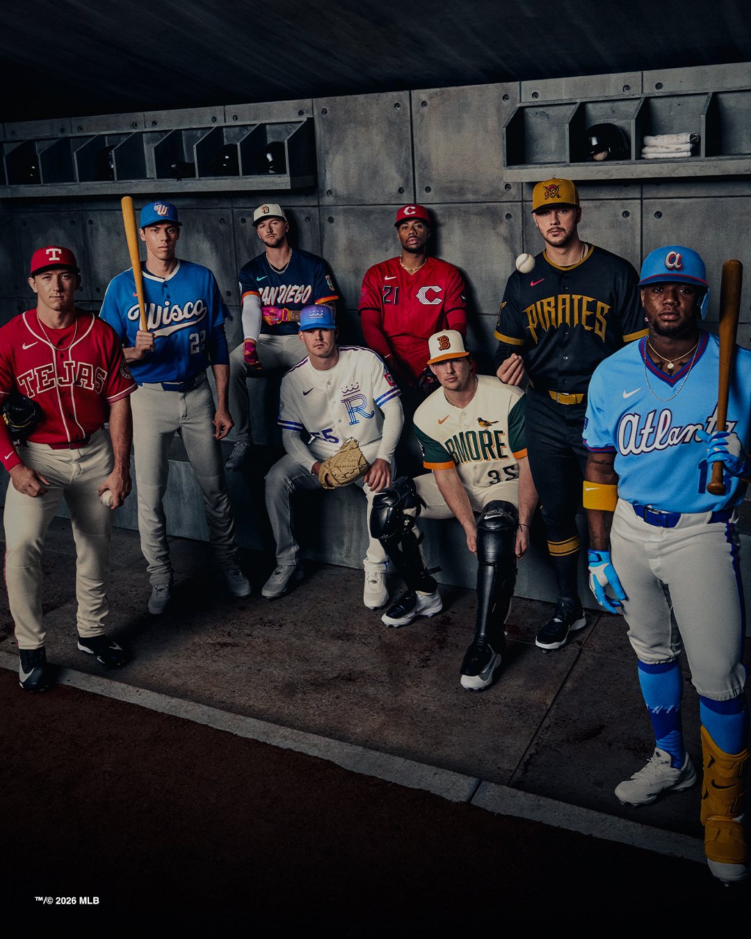 All 8 official 2026 MLB City Connect jerseys dugout group photo