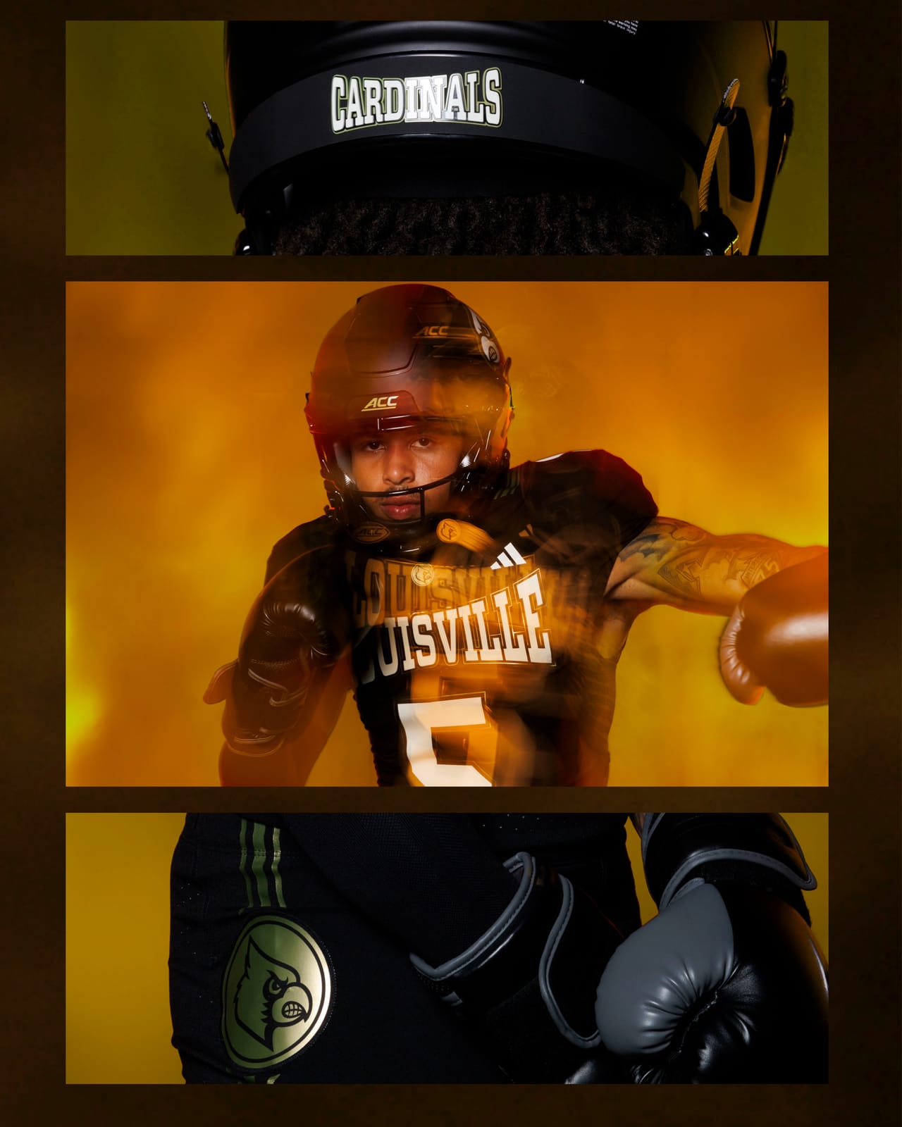 Detail images of the Louisville 2026 black alternate uniform showing the CARDINALS helmet bumper, the black jersey with gold trim, and the gold Cardinal head logo on the pants
